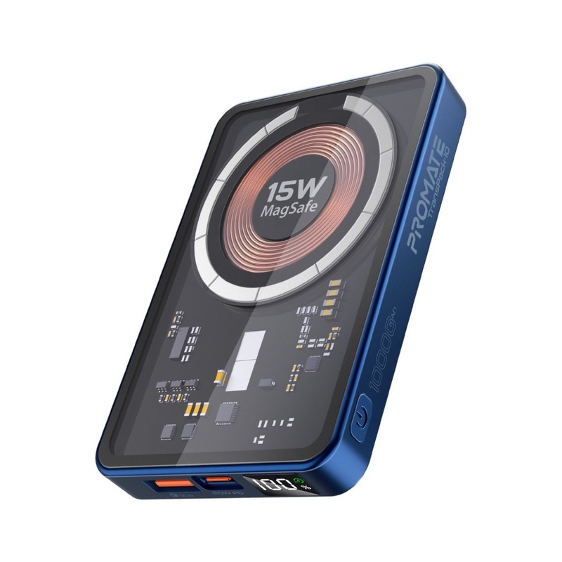 PROMATE 10000mAh Power Bank with Transparent Magsafe 15W Wireless Charging. Supports 20W Power Delivery. Includes 1x USB-C In/Out Port. Ultra-Compact Design. Charge 2x Devices. Black Colour.