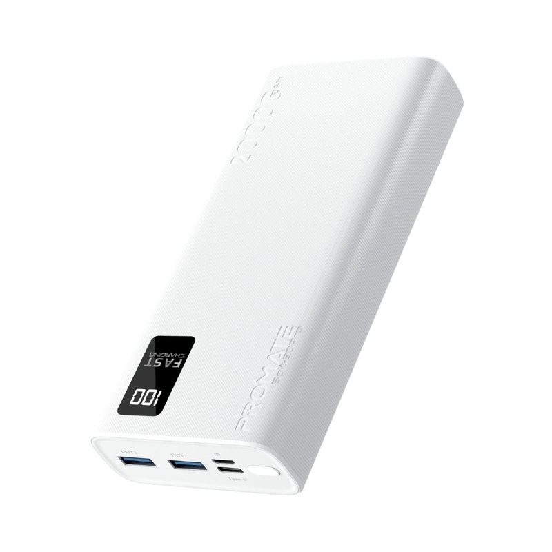 PROMATE 20000mAh Power Bank with Smart LED Display & Super Slim Design. Includes 2x USB-A & 1x USB-C Ports. 2A (Shared) Charging. Auto Voltage Regulation. Charge 3x Devices. Black Colour.