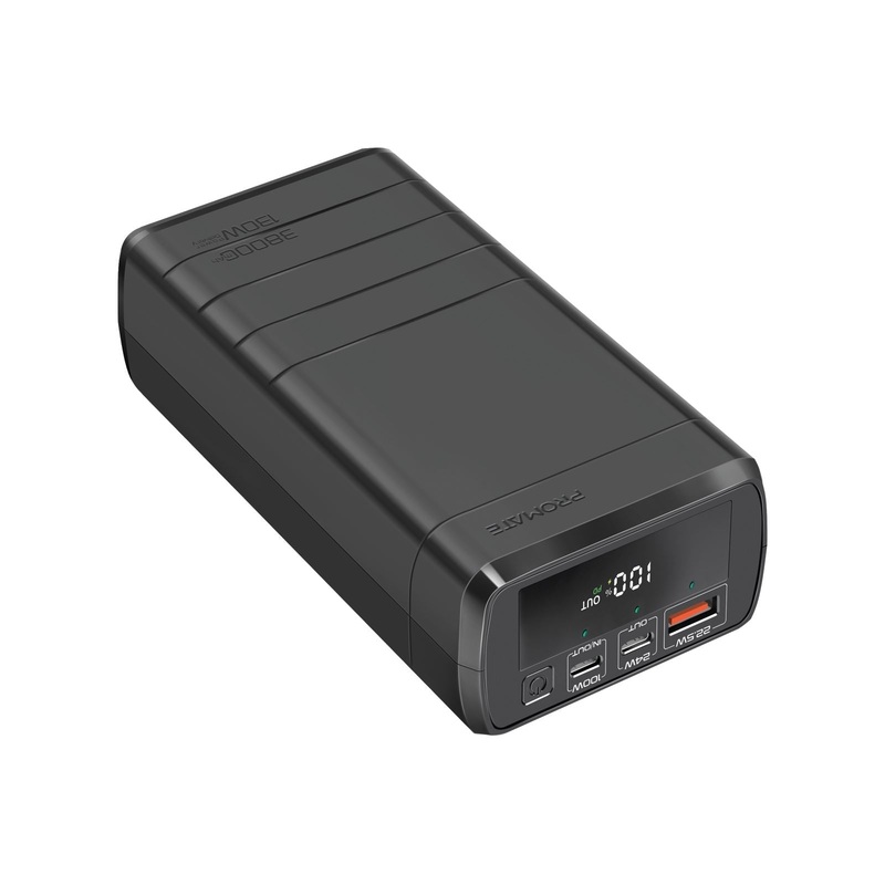 PROMATE 38000mAh 130W Quick Charging PowerBank with 100W PD. Charge Laptops, Tablets, & Phones, Charge 3 Devices Simultaneously, 2x USB-C & 1x USB-A Output, Adaptive Charging. Black Colour