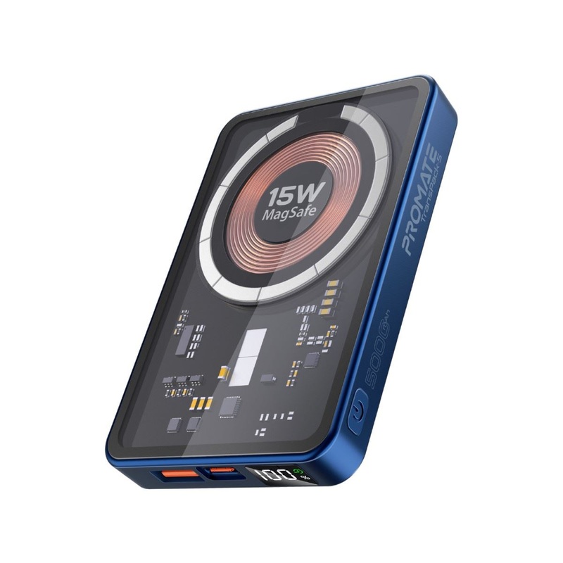 PROMATE 5000mAh Power Bank with Transparent Magsafe 15W Wireless Charging. Supports 20W Power Delivery. Includes 1x USB-C In/Out, 1x USB-A Ports. Carbon Fiber Design Charge 3x Devices. Black Colour.