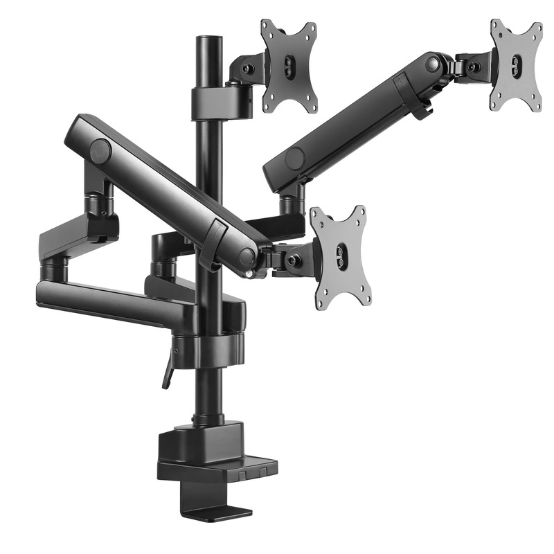 BRATECK 17″-27″ Triple Monitor Spring-Assisted Desk Mount Bracket. Max load 7kg per Arm. Max Arm Extension – 689mm. Supports VESA 75×75 &100×100. Quick-Release VESA Plate. Colour Matte Black