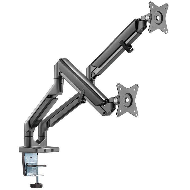BRATECK 17”-32” Polished Aluminium Gas-Spring Desk Mount Duel Monitor Arm. Supports VESA up to 100×100. Extend, Tilt and Swivel. Detachable VESA Plate. Max Arm Extn – 506mm. Space Grey Color.