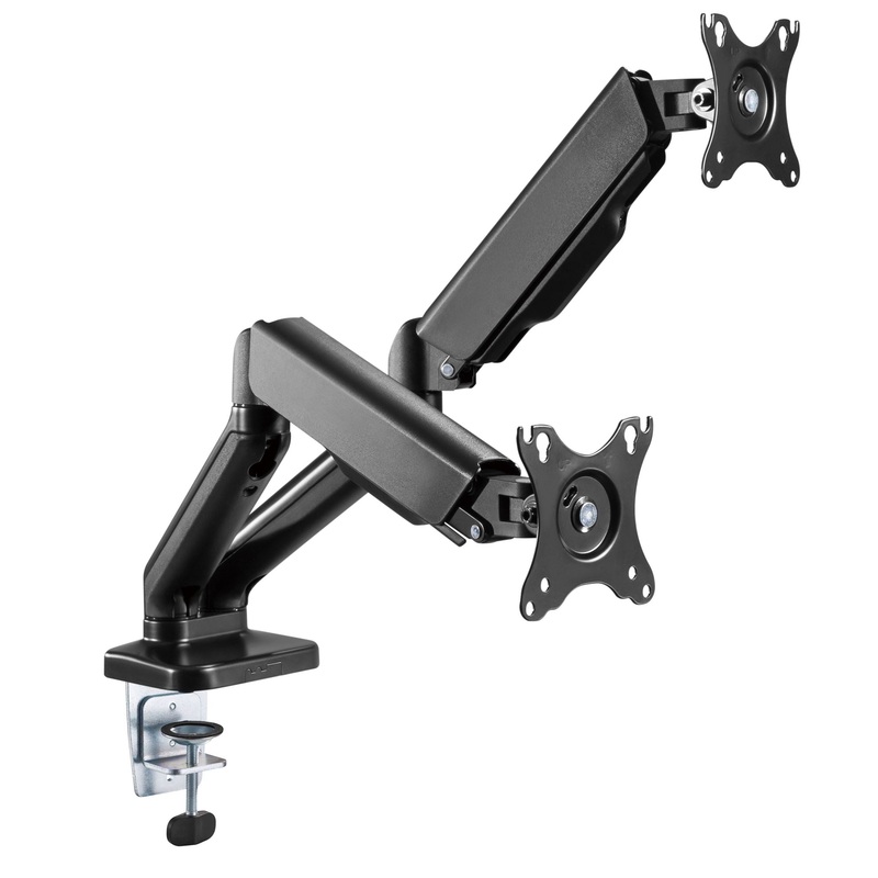 BRATECK Elegant Dual 17″-32″ Counter Balance Monitor Desk Mount. Max Load up to 9Kgs Per Arm. VESA 75×75 & 100×100. Gas Spring with Matt Plastic Surface. Extend, Tilt & Swivel. Black Colour.