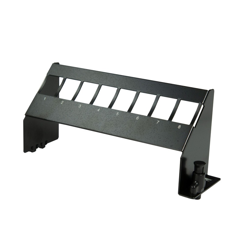 DYNAMIX 8-Port Angled Mounting Blank Panel. Designed for Installation of Keystone Snap-in Modules and RJ-45 Jacks. Angled Design for Easy Cable Routing. Size: 6.3 (W) x 2 (H)