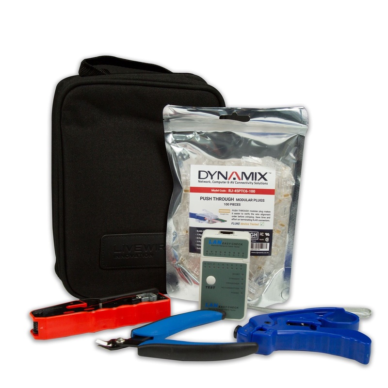 DYNAMIX Cat6 UTP Plug Termination Kit, Includes: 100x Cat6 UTP Push Through Plugs (RJ-45PTC6-100), PTC-CP Push Through Crimper, RJ45 Cable Tester, Data Cable Stripper, Flush Cutter, & Black Pouch.
