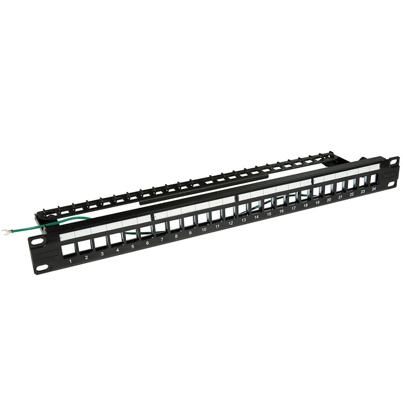 DYNAMIX Horizontal 19 1RU Unloaded 24 Port STP Patch Panel, with Rear Cable Management bar. Includes Earthing Wire and Plastic Labelling Kit. RoHS, Numbered 1-24