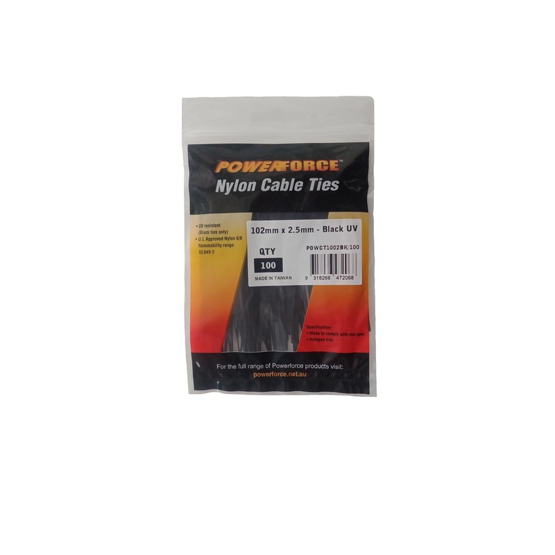 POWERFORCE Cable Tie Black UV 102mm x 2.5mm Weather Resistant Nylon. Pack of 100. Made from U.L. Approved Nylon 6/6 with Flamability Rating of UL 94V-2.