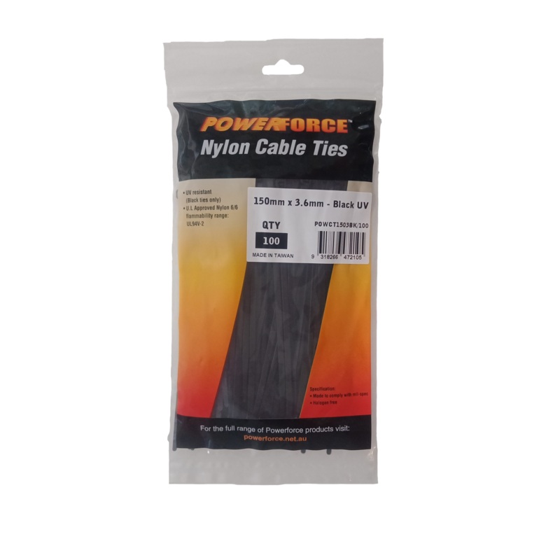 POWERFORCE Cable Tie Black UV 150mm x 3.6mm Weather Resistant Nylon. Pack of 100. Made from U.L. Approved Nylon 6/6 with Flamability Rating of UL 94V-2.