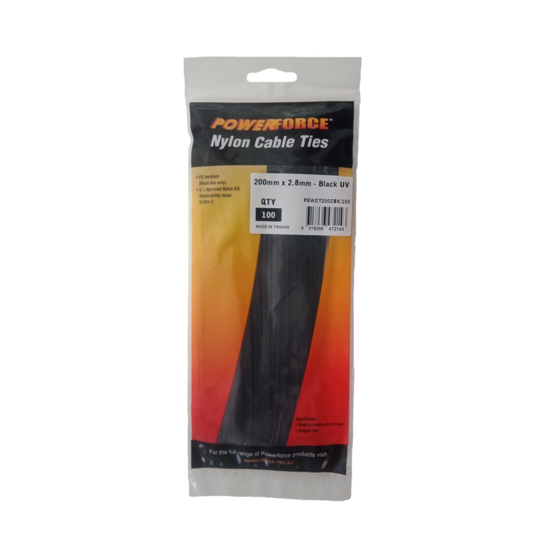 POWERFORCE Cable Tie Black UV 200mm x 2.8mm Weather Resistant Nylon. Pack of 100. Made from U.L. Approved Nylon 6/6 with Flamability Rating of UL 94V-2.