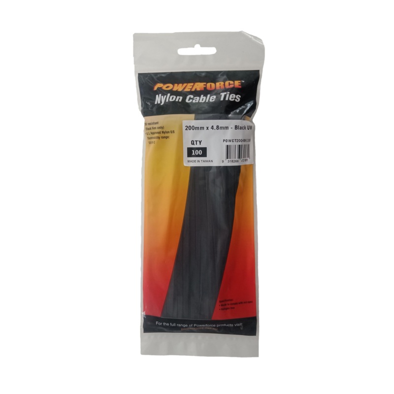POWERFORCE Cable Tie Black UV 200mm x 4.8mm Weather Resistant Nylon. Pack of 100. Made from U.L. Approved Nylon 6/6 with Flamability Rating of UL 94V-2.