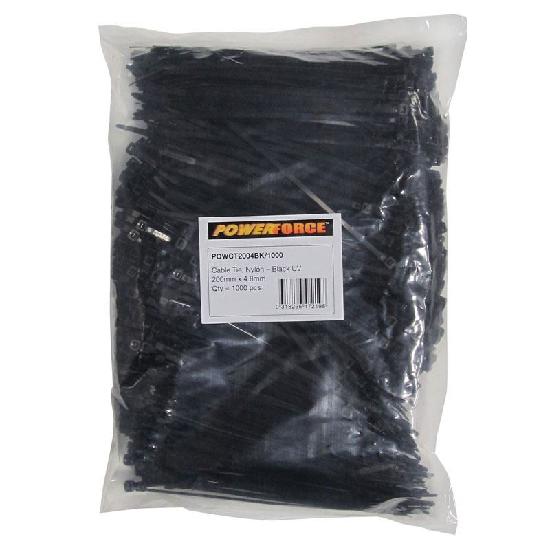 POWERFORCE Cable Tie Black UV 200mm x 4.8mm Weather Resistant Nylon. Pack of 1000. Made from U.L. Approved Nylon 6/6 with Flamability Rating of UL 94V-2.
