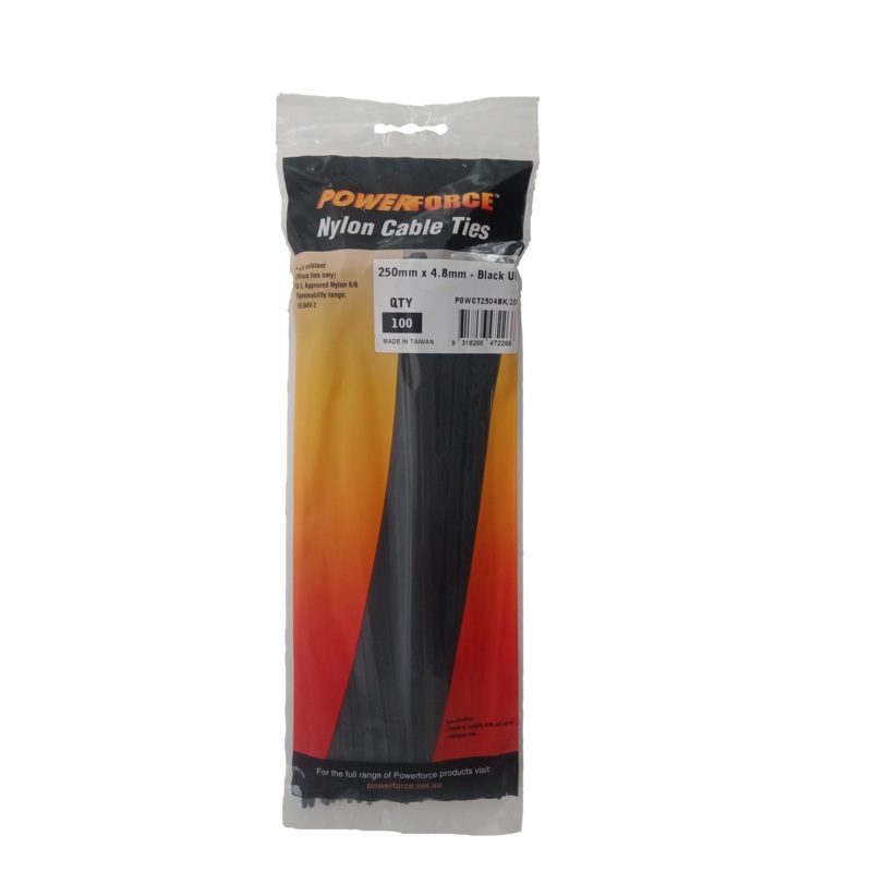POWERFORCE Cable Tie Black UV 250mm x 4.8mm Weather Resistant Nylon. Pack of 100. Made from U.L. Approved Nylon 6/6 with Flamability Rating of UL 94V-2.