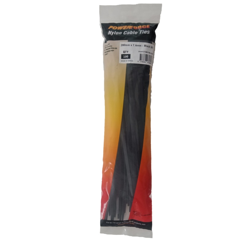POWERFORCE Cable Tie Black UV 280mm x 7.6mm Weather Resistant Nylon. Pack of 100. Made from U.L. Approved Nylon 6/6 with Flamability Rating of UL 94V-2.