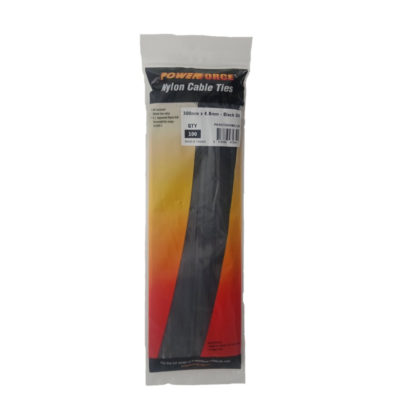 POWERFORCE Cable Tie Black UV 300mm x 4.8mm Weather Resistant Nylon. Pack of 100. Made from U.L. Approved Nylon 6/6 with Flamability Rating of UL 94V-2.