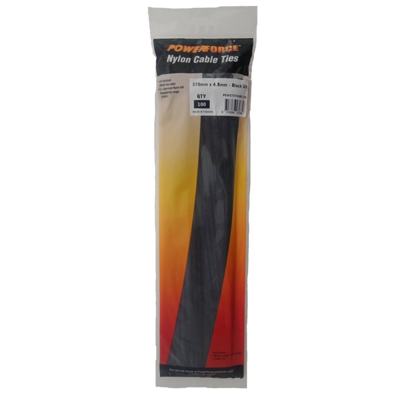 POWERFORCE Cable Tie Black UV 370mm x 4.8mm Weather Resistant Nylon. Pack of 100. Made from U.L. Approved Nylon 6/6 with Flamability Rating of UL 94V-2.