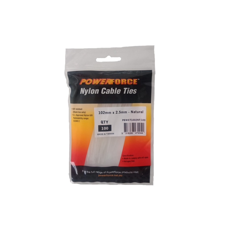 POWERFORCE Cable Tie Natural 102mm x 2.5mm Nylon Pack of 100. Made from U.L. Approved Nylon 6/6 with Flamability Rating of UL 94V-2