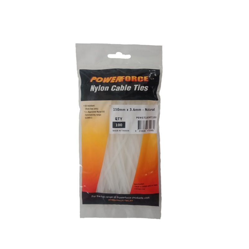 POWERFORCE Cable Tie Natural 150mm x 3.6mm Nylon Pack of 100. Made from U.L. Approved Nylon 6/6 with Flamability Rating of UL 94V-2