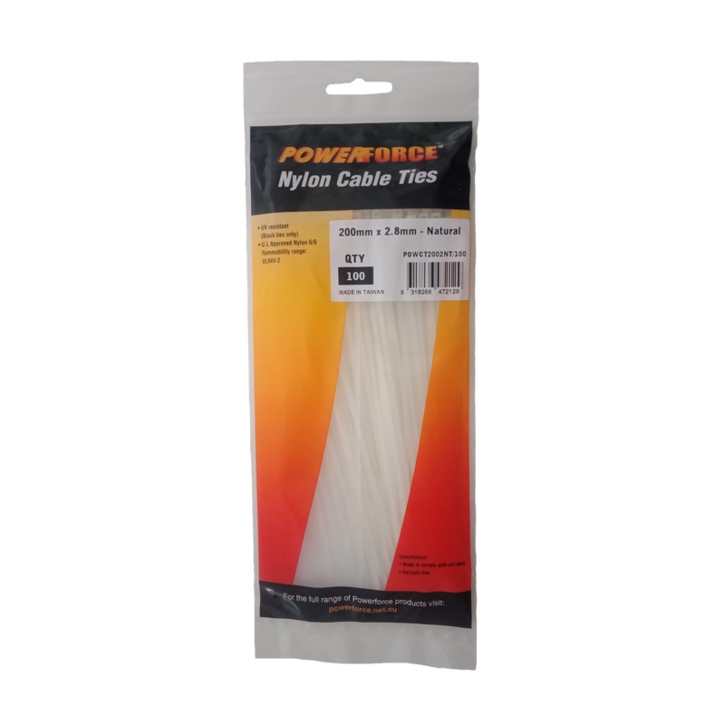 POWERFORCE Cable Tie Natural 200mm x 2.8mm Nylon Pack of 100. Made from U.L. Approved Nylon 6/6 with Flamability Rating of UL 94V-2