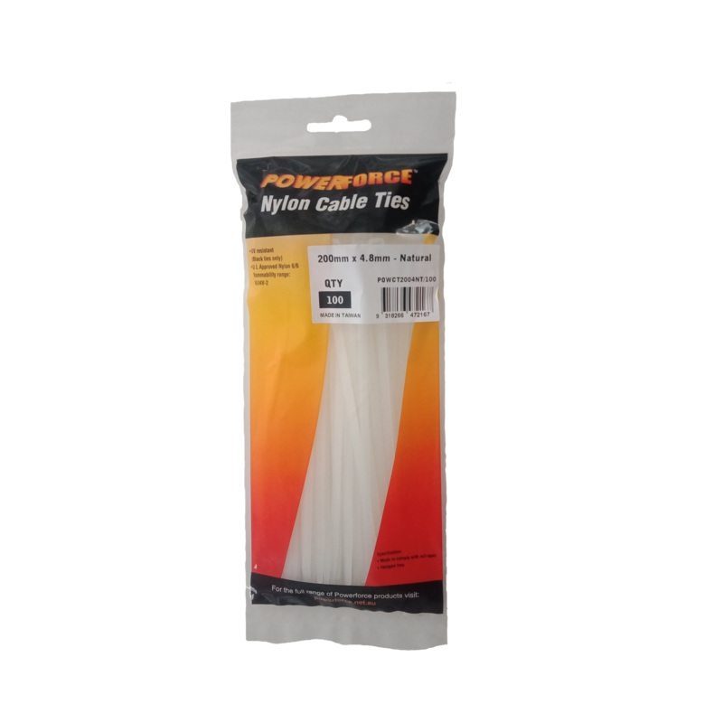 POWERFORCE Cable Tie Natural 200mm x 4.8mm Nylon Pack of 100. Made from U.L. Approved Nylon 6/6 with Flamability Rating of UL 94V-2