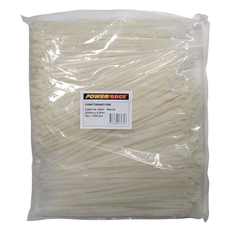 POWERFORCE Cable Tie Natural 200mm x 4.8mm Nylon Pack of 1000. Made from U.L. Approved Nylon 6/6 with Flamability Rating of UL 94V-2