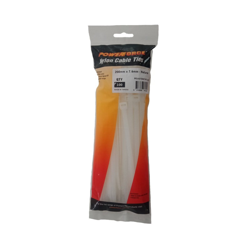 POWERFORCE Cable Tie Natural 200mm x 7.6mm Nylon Pack of 100. Made from U.L. Approved Nylon 6/6 with Flamability Rating of UL 94V-2