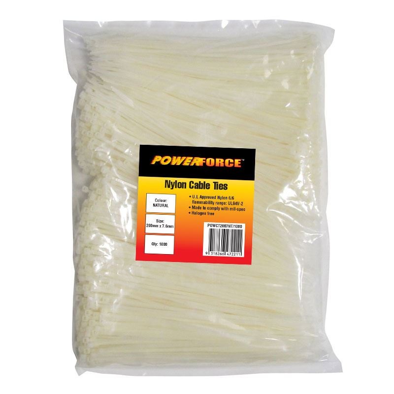 POWERFORCE Cable Tie Natural 200mm x 7.6mm Nylon Pack of 1000. Made from U.L. Approved Nylon 6/6 with Flamability Rating of UL 94V-2