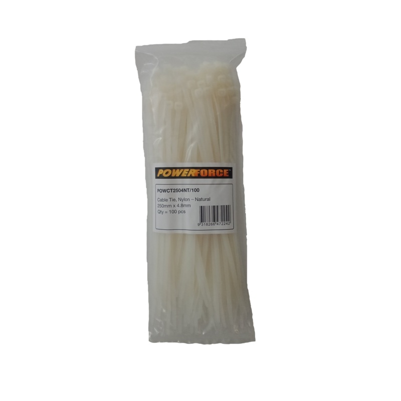 POWERFORCE Cable Tie Natural 250mm x 4.8mm Nylon Pack of 100. Made from U.L. Approved Nylon 6/6 with Flamability Rating of UL 94V-2