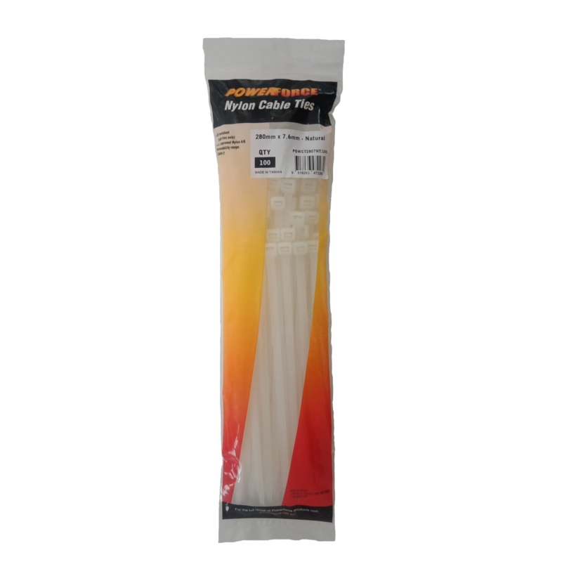POWERFORCE Cable Tie Natural 280mm x 7.6mm Nylon Pack of 100. Made from U.L. Approved Nylon 6/6 with Flamability Rating of UL 94V-2