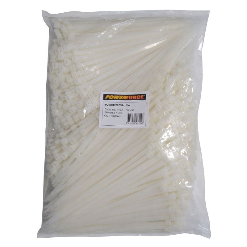 POWERFORCE Cable Tie Natural 280mm x 7.6mm Nylon Pack of 1000. Made from U.L. Approved Nylon 6/6 with Flamability Rating of UL 94V-2