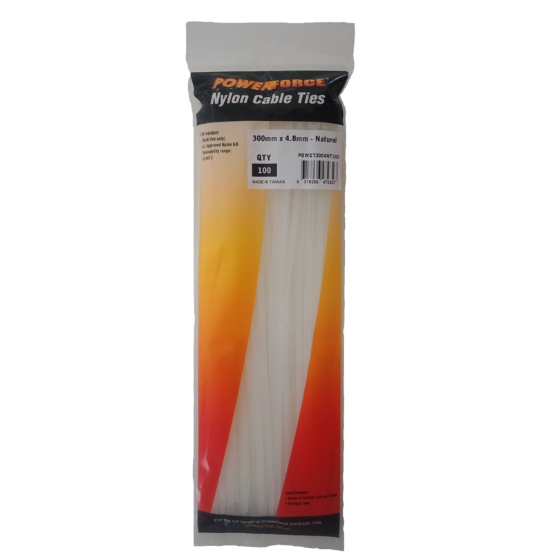 POWERFORCE Cable Tie Natural 300mm x 4.8mm Nylon Pack of 100. Made from U.L. Approved Nylon 6/6 with Flamability Rating of UL 94V-2