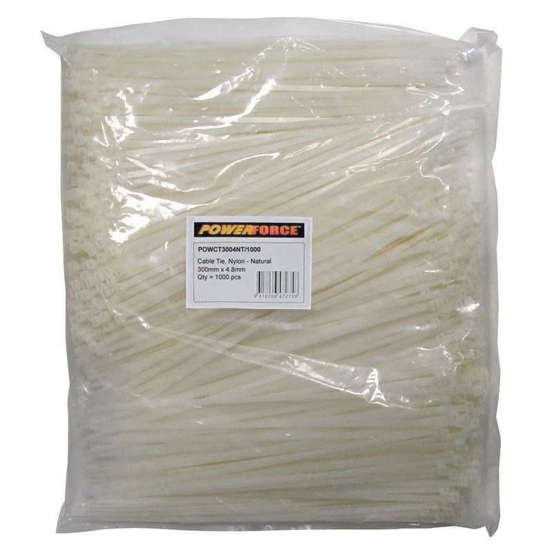 POWERFORCE Cable Tie Natural 300mm x 4.8mm Nylon Pack of 1000. Made from U.L. Approved Nylon 6/6 with Flamability Rating of UL 94V-2