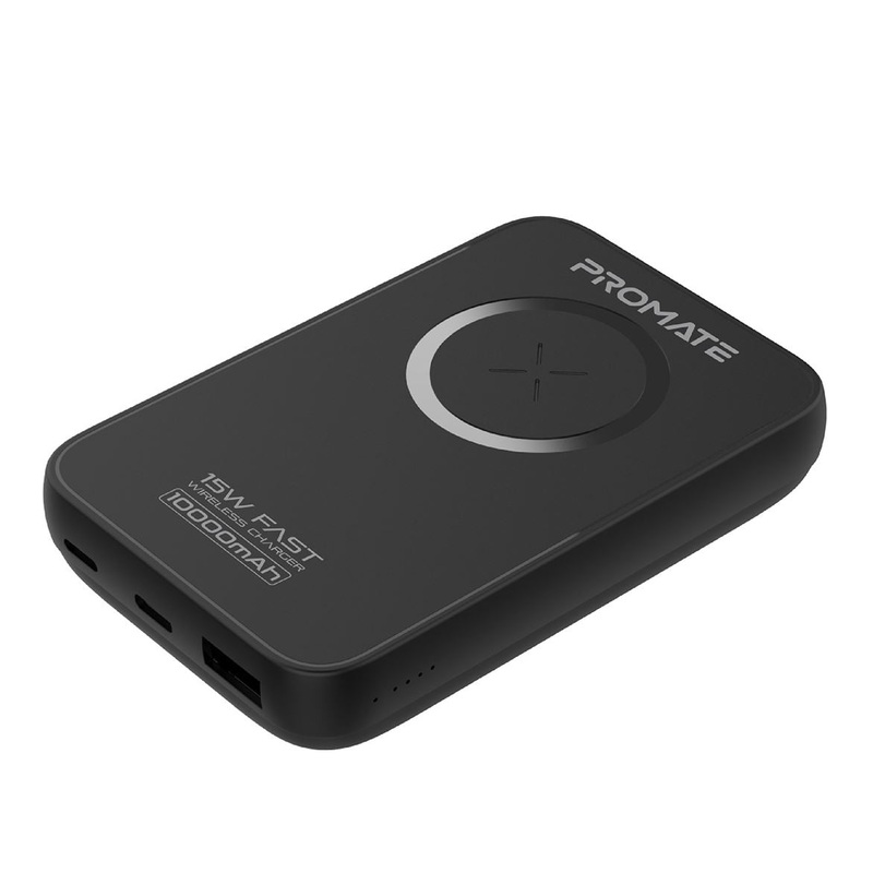 PROMATE 10000mAh Magnetic Qi 15W Wireless Charging Power Bank 1x 20W PD Quick Charge 3.0 Port, 2x USB-C Ports, Ultra-Small Portable Design, Non-Slip Surface. Black Colour.