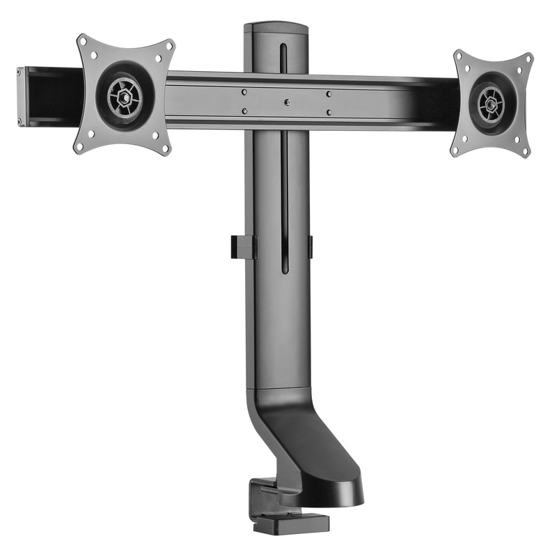 BRATECK 17-27” Dual monitor desk mount. Sit/Stand workstation Compatible. Max load 7Kgs. Supports VESA 75×75 & 100×100. Rotate, tilt and swivel. Colour: Black.