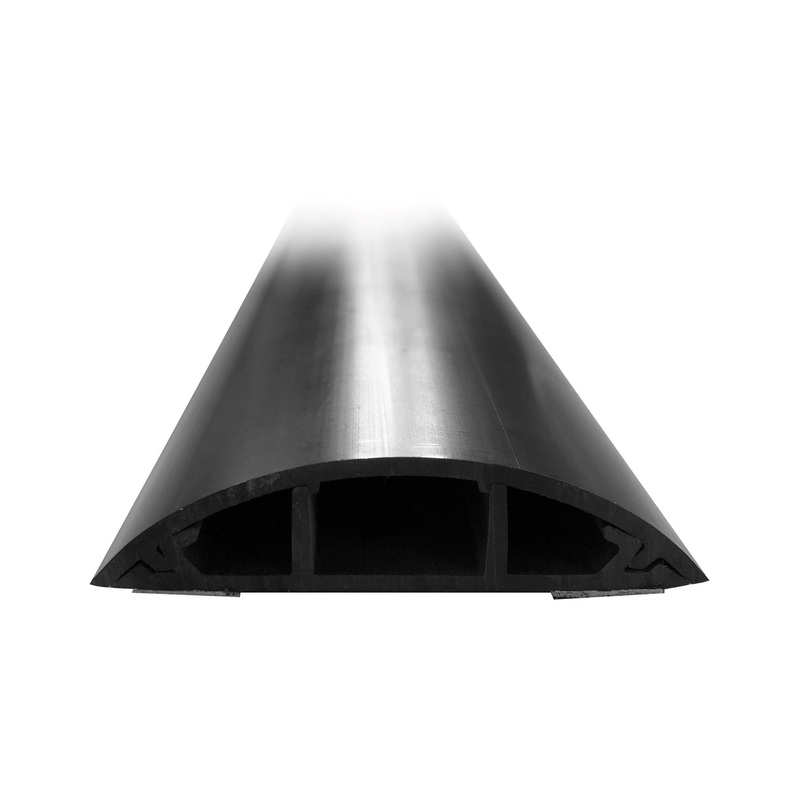 DYNAMIX 1m Floor Mount Round Wiring Duct. Dims –  70mm x 16.5mm (WxH) Includes 2x Strips of Double Sided Tape to Help Secure in Place. Black Colour