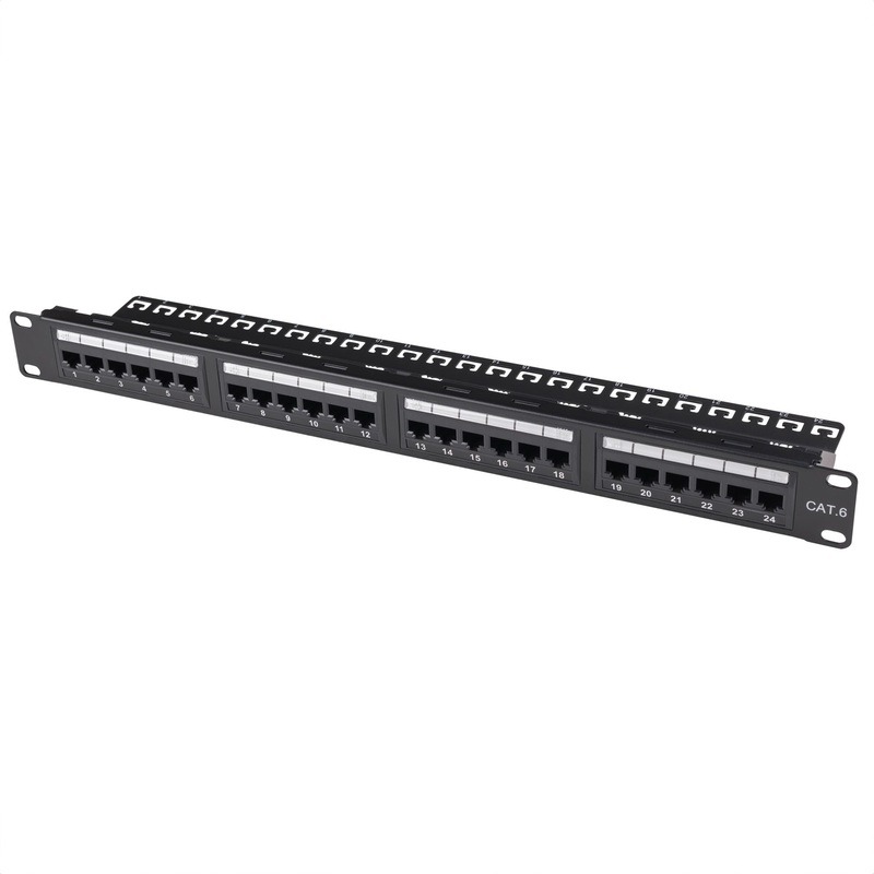 DYNAMIX 24 Port 19” Cat6 UTP Patch Panel with plastic labelling kit. Rear Support Bar. T568A & T568B Wiring. Dual 110/Krone IDC.