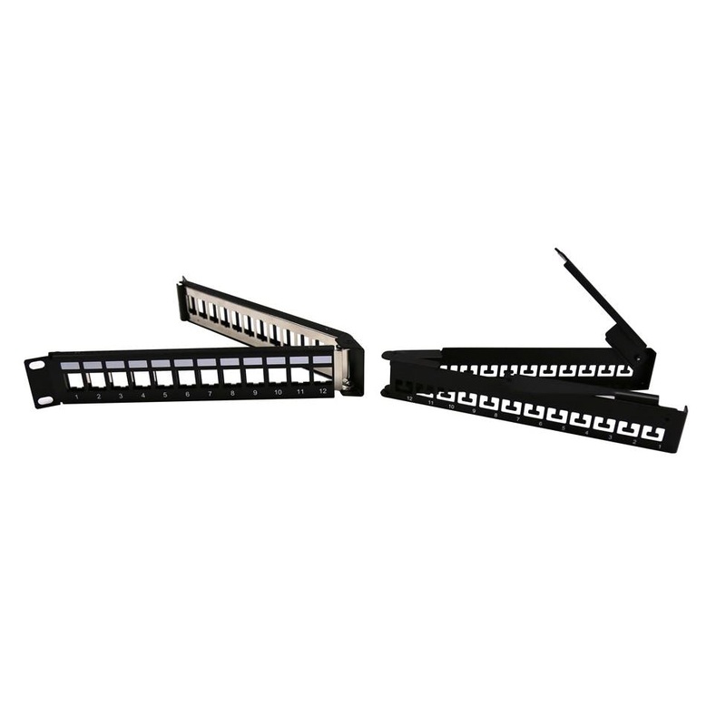 DYNAMIX 24 Port Angled Unloaded Keystone Foldable Panel. 1RU, 19” FTP with Cable Support Bar