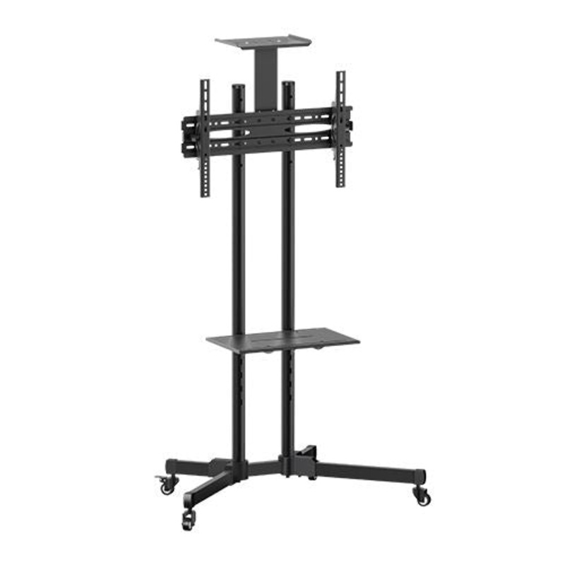BRATECK  32”-70” Economy TV Stand, Adjustable TV Height with Metal Shelf.  Max VESA: 600×400 (70″+) Min VESA 200×200 (fits most 32″). Tilt: -15~+15. Max weight: 50kg.