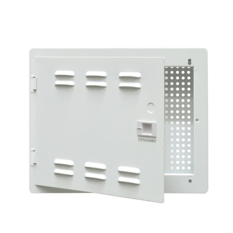 DYNAMIX 14” Network Enclosure Recessed Wall Mount, Vented Lid, Cable/GPO Knock outs. Installs: 400 mm Centre Stud. Cut out OD: 355x 276 x 99mm. Incl. Installation Accessories, Earth Kit