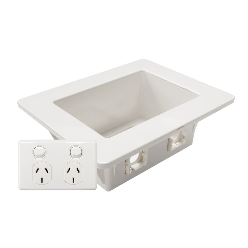 DYNAMIX Recessed Wall Box with 2x AMDEX style outlets. Incl Dual Port GPO. Suitable for 70 & 90min Wall Cavities. Floating Gib Install ONLY Outside face: 185 x 145mm. Recess: 166 x 100mm. Depth: 63mm.